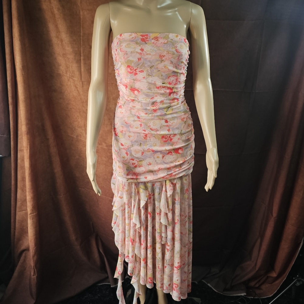 Zara Strapless Floral Dress in Pink and Cream